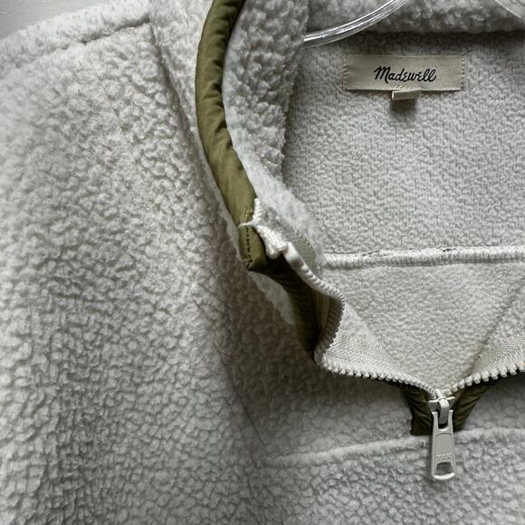 Madewell Cream Fleece 1/4 Zip Fleece Popover Jacket Barn Pockets Green Boxy Cozy - Picture 6 of 11